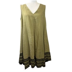 Moraitis Made In Greece 100% Linen Sleeveless Green/blk Embroidered Dress, Large